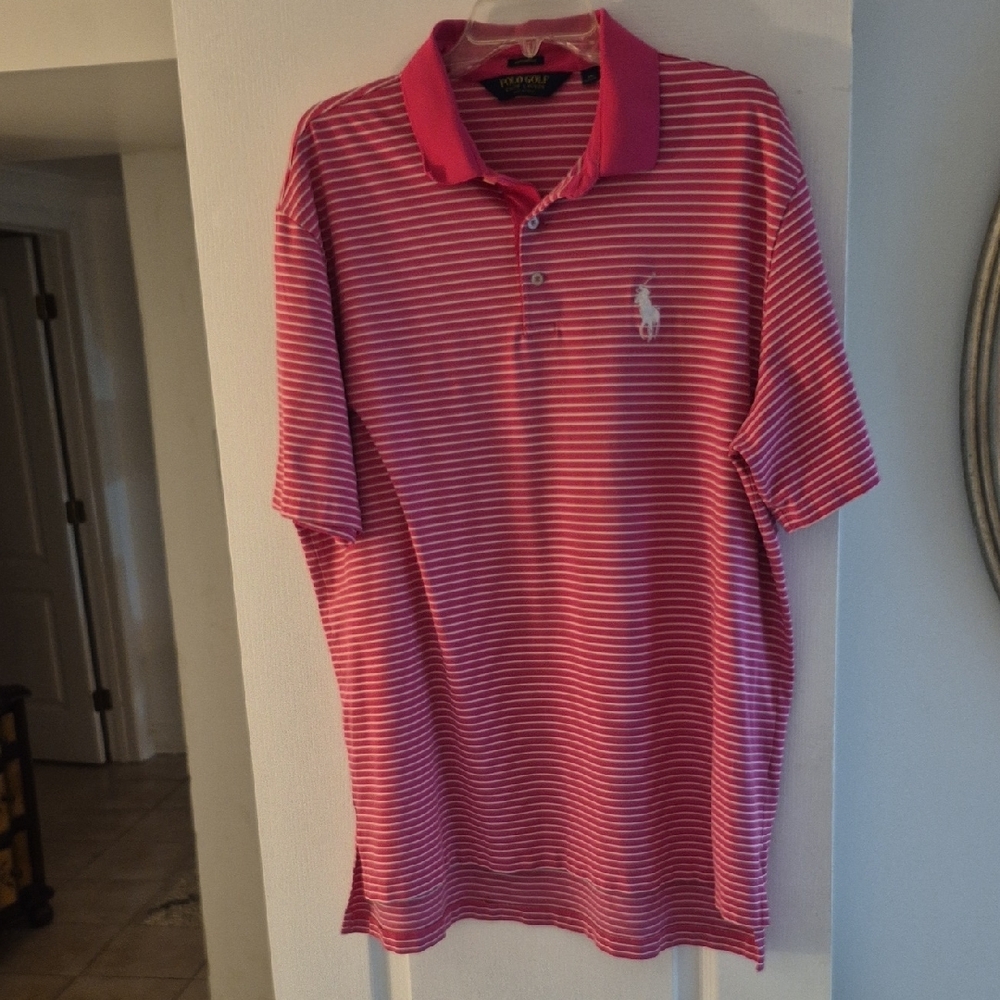 Polo Golf by Ralph Lauren Pink and White Striped Polo Shirt. Sz. XL.